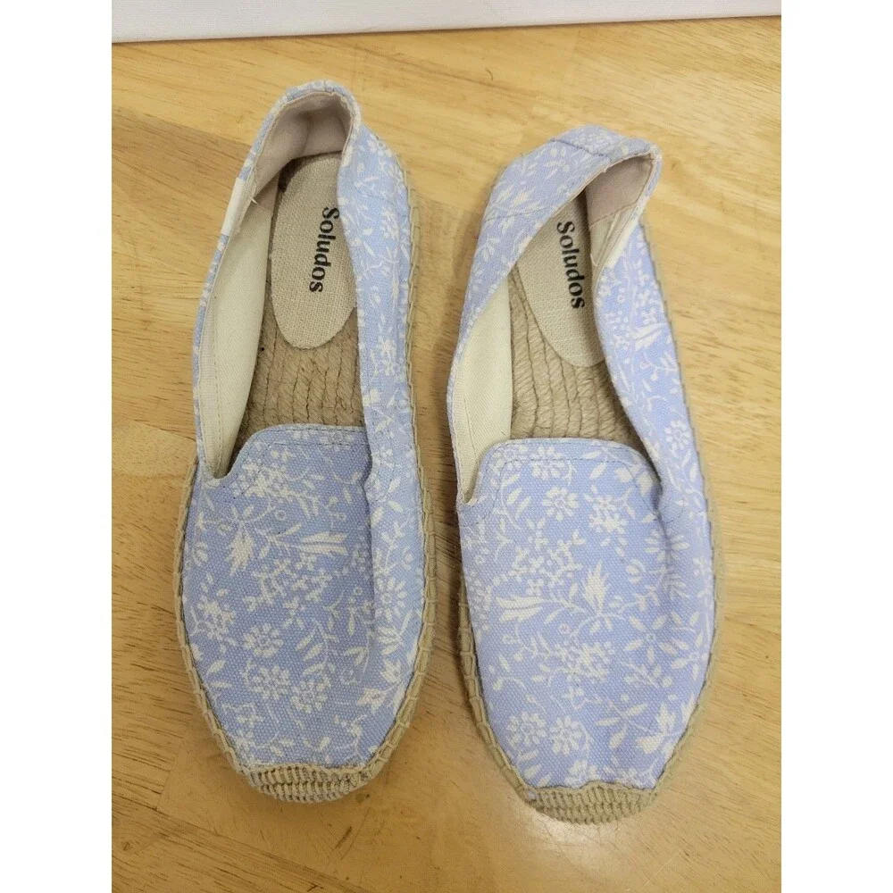 Soludos Blue White Floral Canvas Espadrille Flats Slip-On Women's US 7 EU 37.5